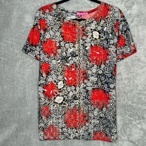 Pieldelux XXL 2X Shirt Top Black Floral Short Sleeve Round Neck Metallic Stretch